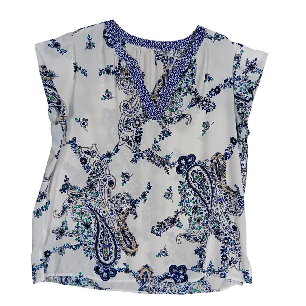 Worthington Paisley Blue and White Top Size 1XL Henley Neckline and Short Sleeve
